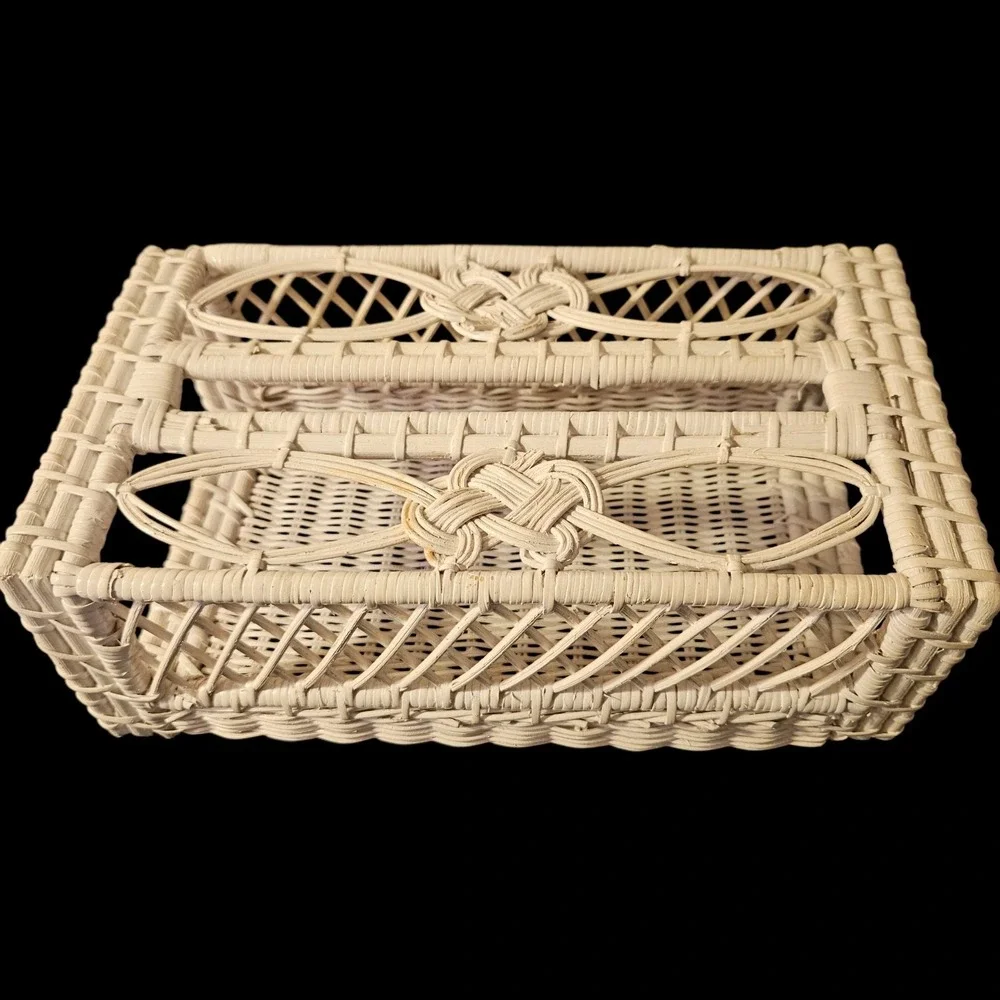Vintage Woven White Wicker & Rattan Tissue Box Cover Rectangle Shaped